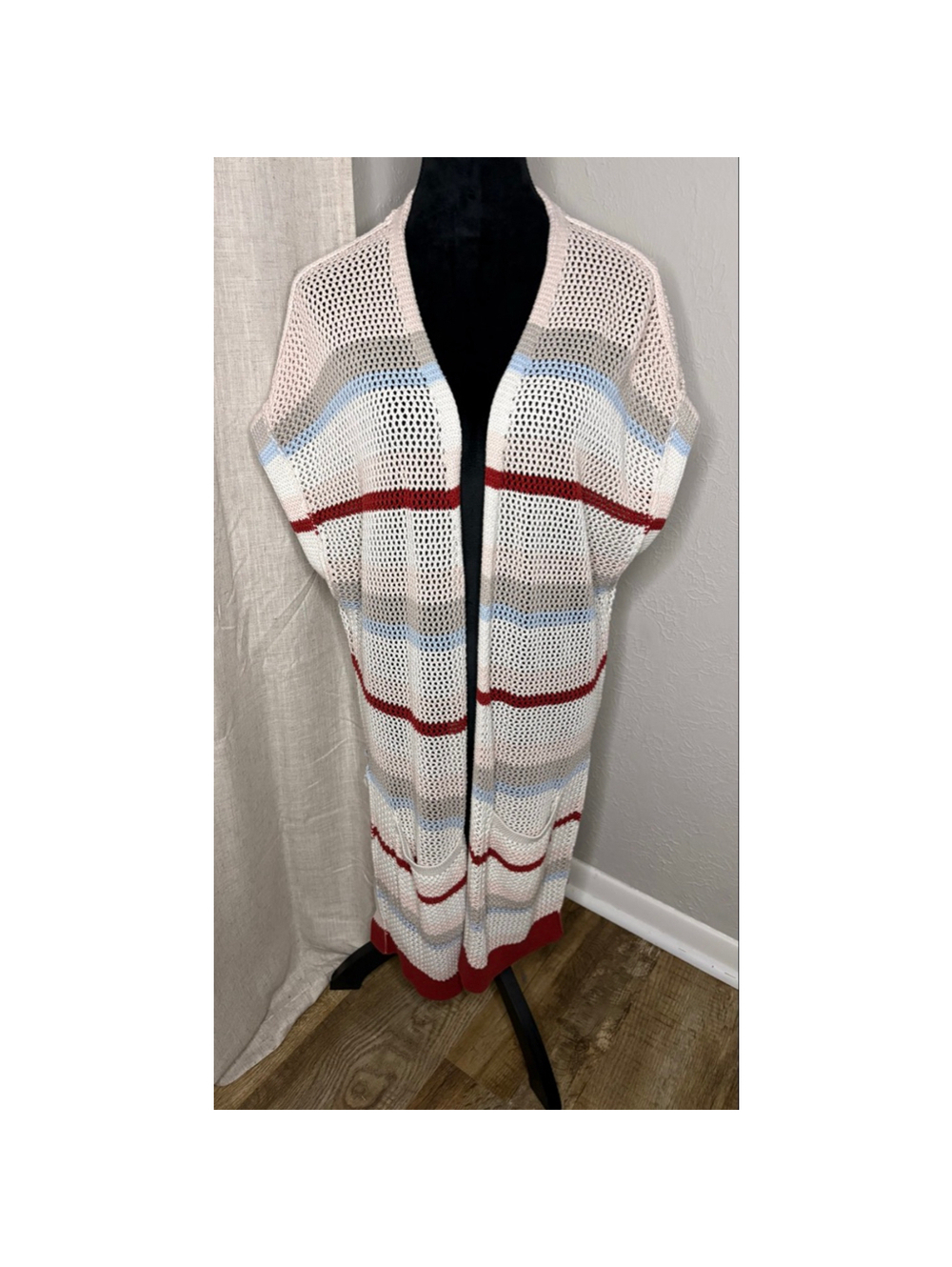 Another Love Long Striped Open Knit Cardigan Kimono Short Sleeve XL